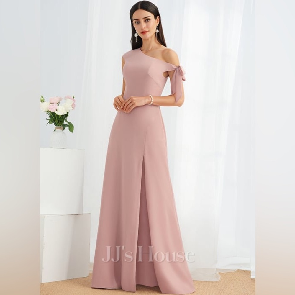 JJs House A-line One Shoulder Chiffon Dress With Bow in Dusty Rose